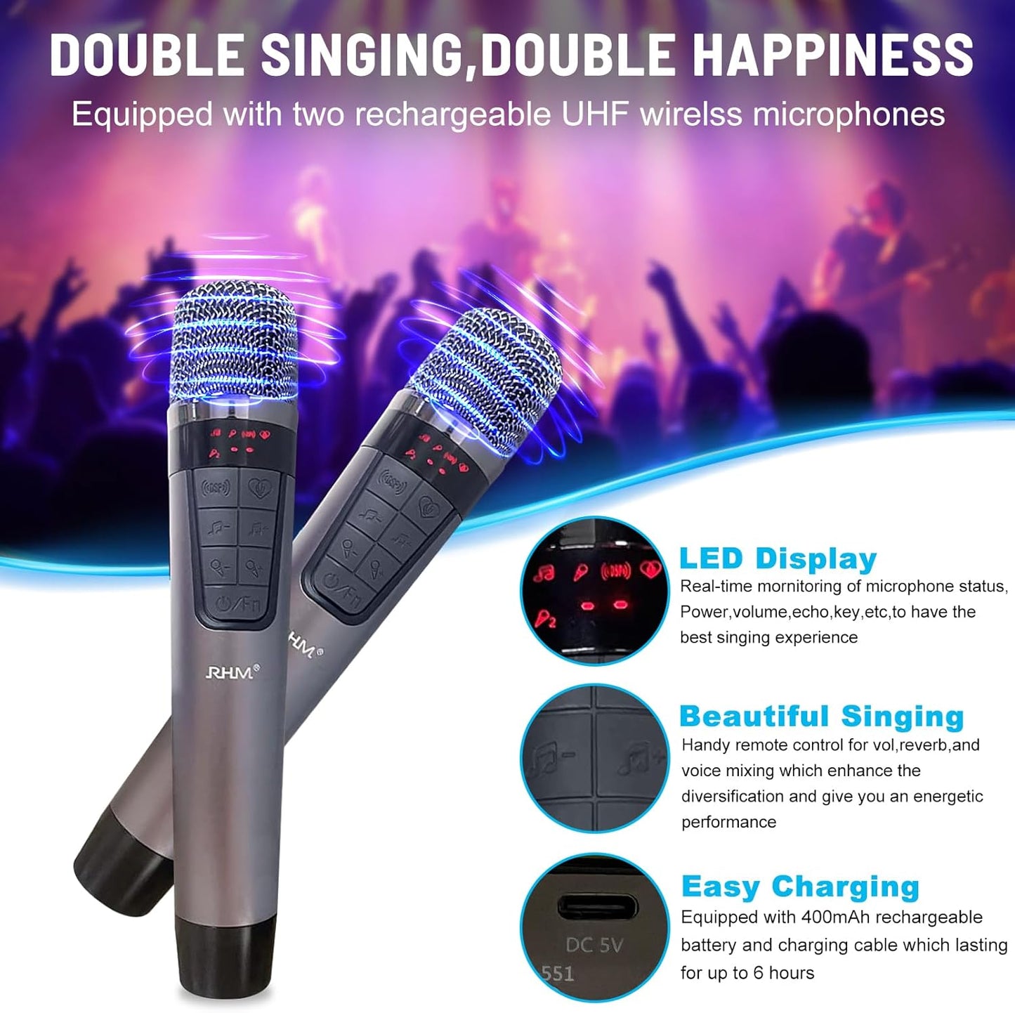 RHM K222 Karaoke Machine, with 2 Wireless Microphones & 5 Music Modes, Support Optical/Bluetooth/AUX/USB/PC, Wooden Bluetooth Speaker for TV/Home/Meeting/Karaoke/Party, Great for Music Lovers