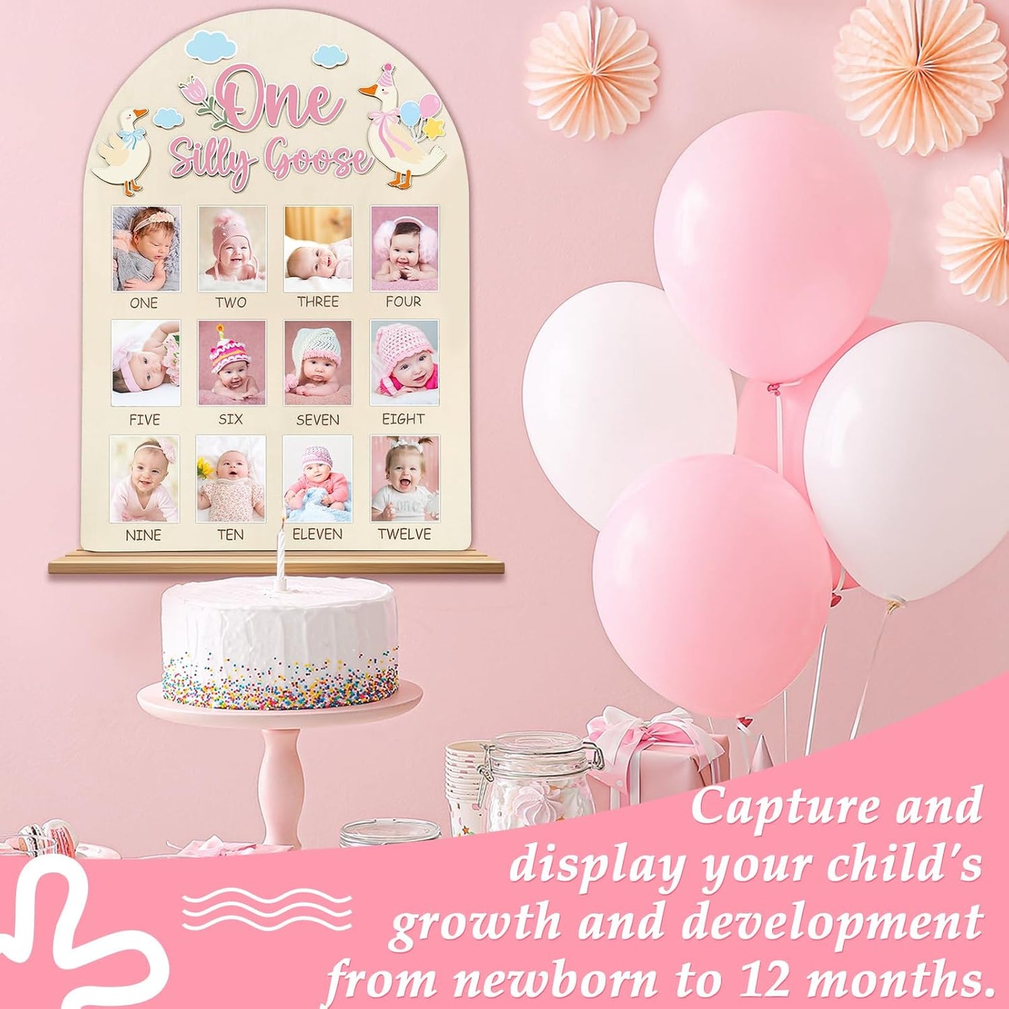 One Silly Goose Photo Board Goose Themed Birthday Party Wooden Board Decorations 12 Monthly Milestone Picture Frame One Year Old Wood Sign 1st Birthday Photo Banner for Baby Girls Keepsake Gift Supply