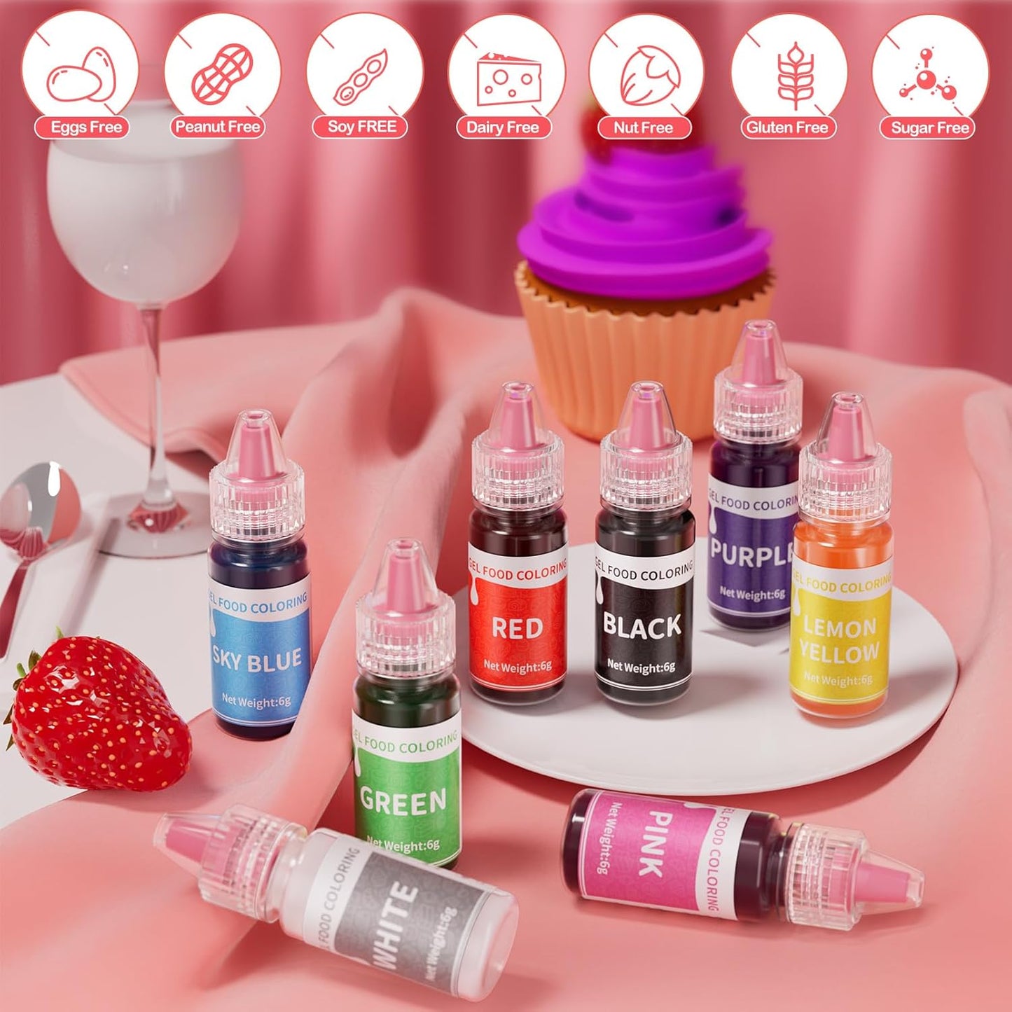 Gel Food Coloring Set - 8 Colors Concentrated Gel Based Food Color Food Grade Dye Flavorless Vibrant Edible Food Coloring for Cake Cookie Decorating Easter Egg Icing Fondant Baking Macaron - 6g/Bottle