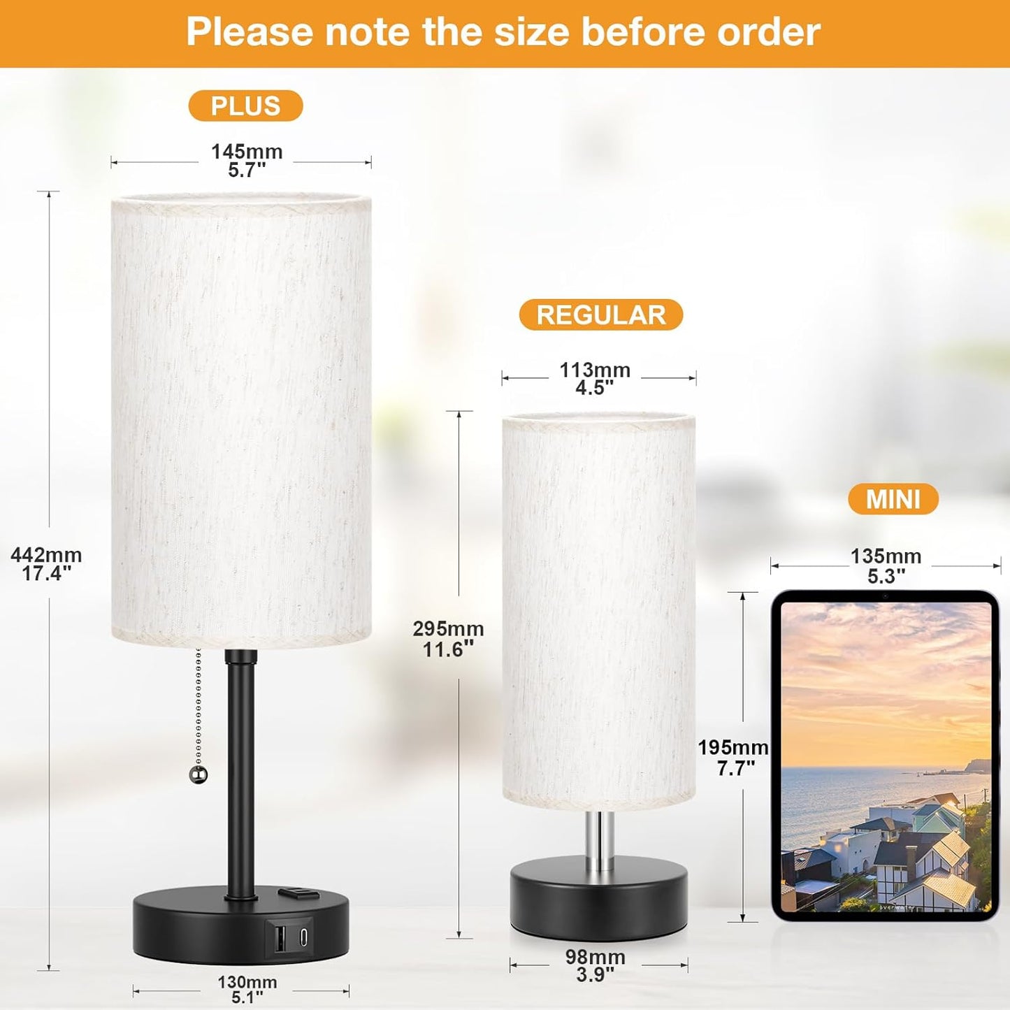 Pull Chain Table Lamp for Bedroom - 3 Color Temperatures, USB A + C Charging, AC Outlet, 17.4 inch Tall Bedside Lamp with E26 LED Bulb