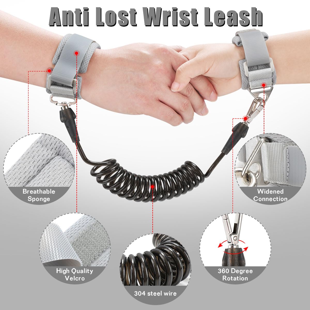 Toddlers Leash + Anti Lost Wrist Link Child Kids Safety Harness Kids Walking Wristband Assistant Strap Belt for Boys Pink Christmas Gift (Black 2)