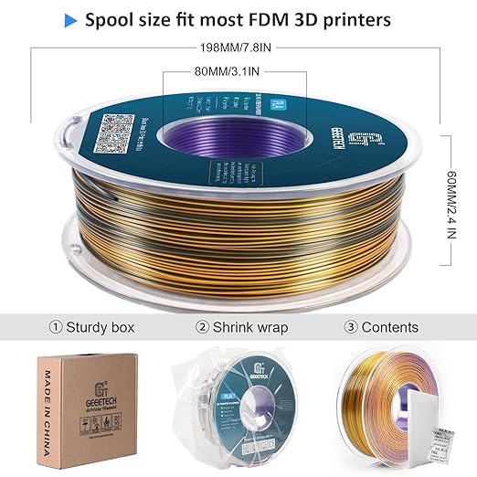 Geeetech Silk PLA Tri Color Filament 1.75mm 3D Printer Filament, Coextrusion Purple Gold Black Tri-Colors Metal-Like Shiny Silk PLA Filament, 1kg (2.2lbs) 1 Spool, Dimensional Accuracy +/- 0.02 mm