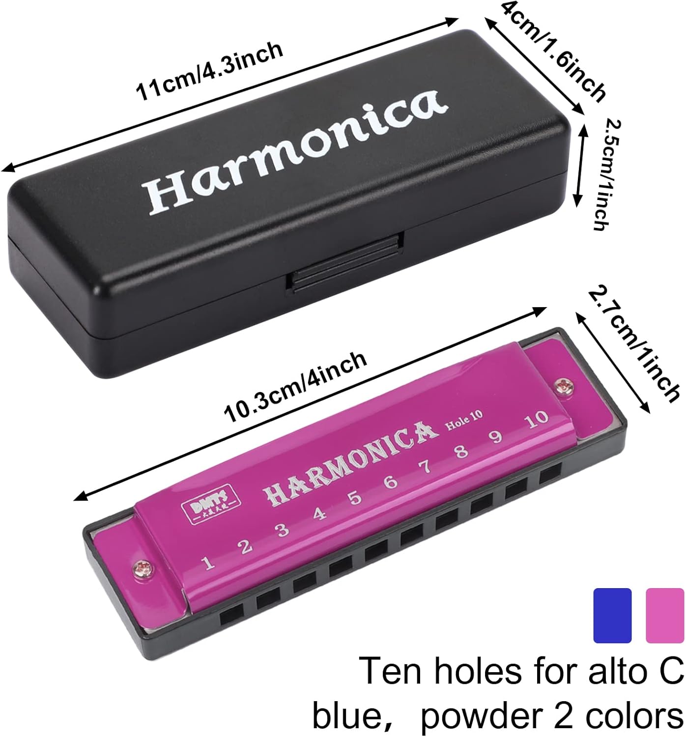 UPINS Harmonica, 4PCS Key of C 10 Hole 10 Tones Titanium Color Harmonica with Case for Beginner Students (Pink, Blue)