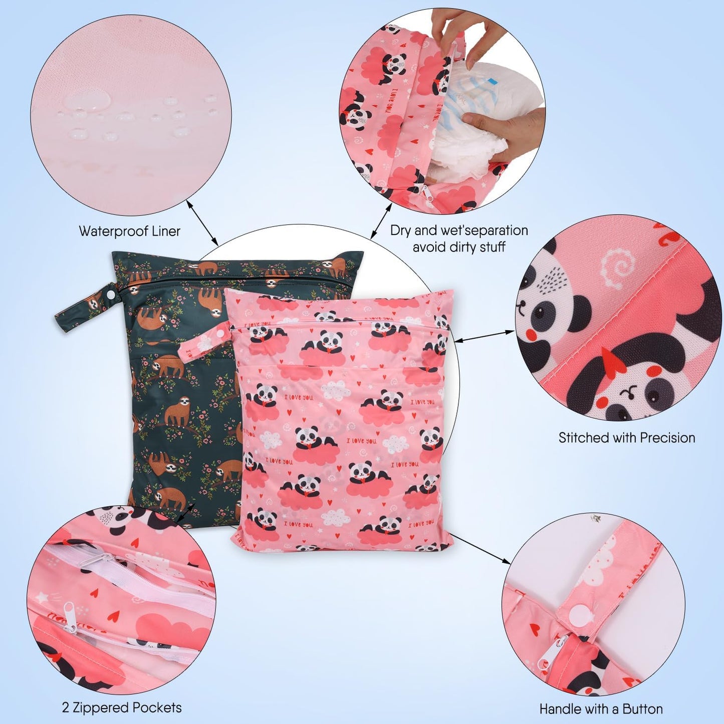 2pcs Travel Waterproof Laundry Bag, Cloth Diaper Wet Dry Bags with Handle & 2 Zipper Pockets, Reusable Washable Dirty Clothes Bag for Baby Adult Travelling Hanging, Bathing Beach Pool Daycare