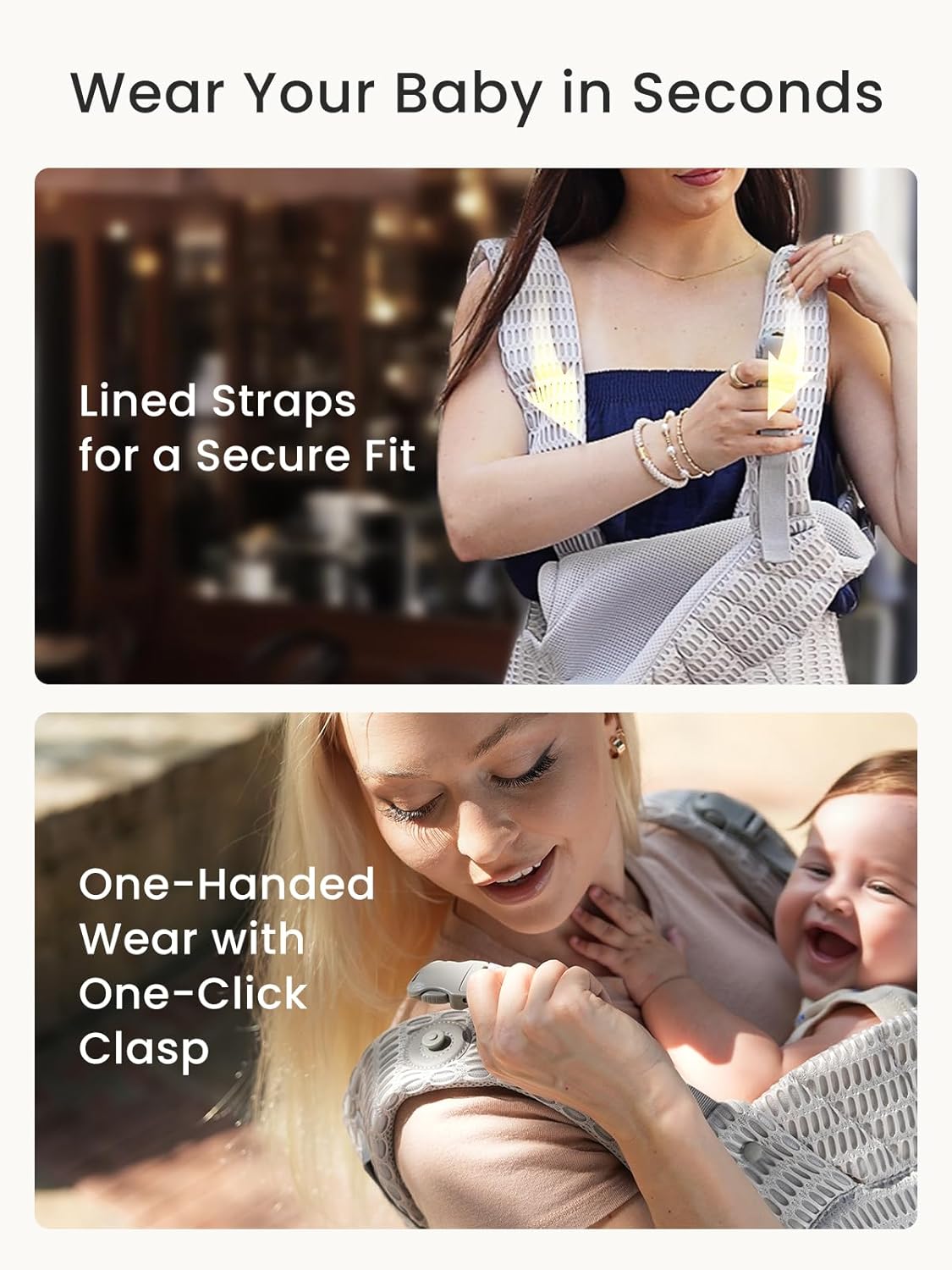 GROWNSY Baby Carrier Newborn to Toddler, Breathable Mesh Carrier(7-44lbs) with One-Click Sliding Clasp, Head Support, Ergonomic Design and Hands-Free Comfort, Silver Gray