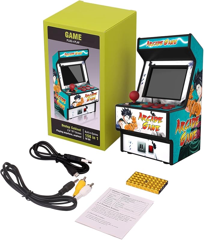 Mini Arcade Machine, Retro Gaming Console, Handheld Game Console with 156 Classic 16-Bit Video Games, 2.8 Inch Color Display, Rechargeable Battery, Support for TV Output, Birthday Present for Children
