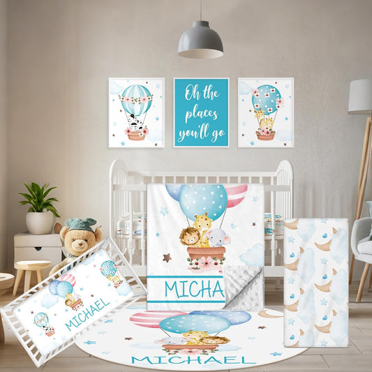 Personalized Baby Bedding Set, 5 Pcs Custom Toddlers Bedding Set with Infant Name, Double Layer Nursery Crib Set for Boys Girls, Customized Gifts for Infants Baby Shower, Hot Air Balloon Animal