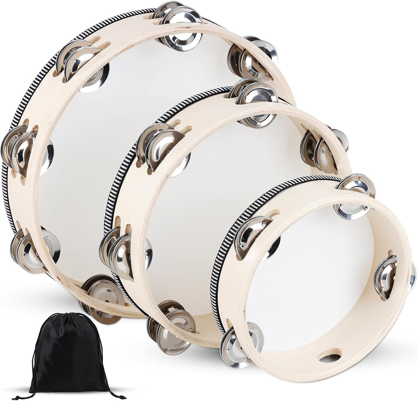 Wooden Hand Held Percussion Tambourine with Storage Bag - 6+8+10 Inches, Ideal for Church, Wedding, Party, Dance, Photo Shoot
