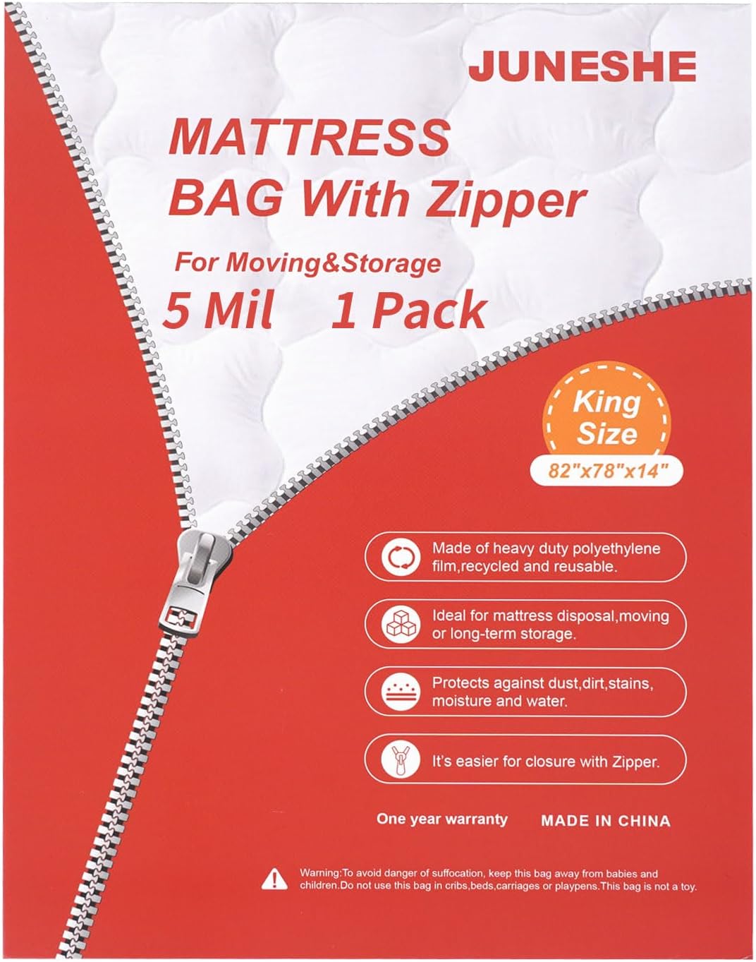 King Mattress Bag for Moving and Storage Cover -5 Mil Zipper Plastic Waterproof Mattress Storage Bag 82x78x14 inches,1 Pack