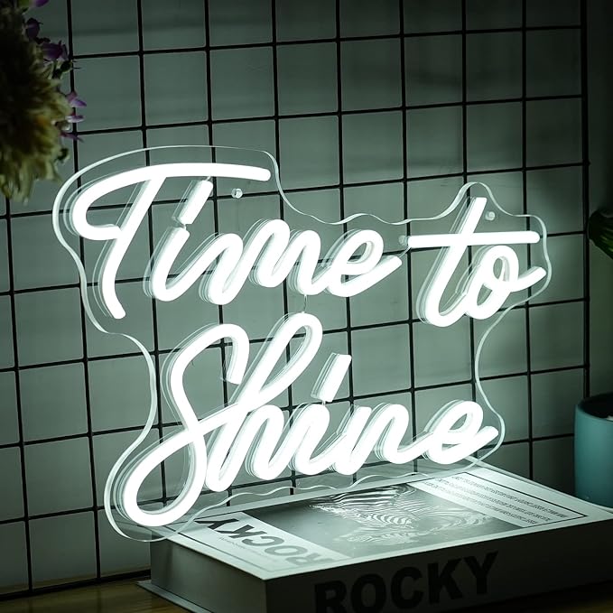 Time To Shine Neon Sign White Led Sign Time To Shine Neon Lights Decor for Lover Dimmable Letter Neon Wall Signs USB Powered with Switch Neon Signs for Wall Decor Party Wedding（16.5’’X10.2’’）
