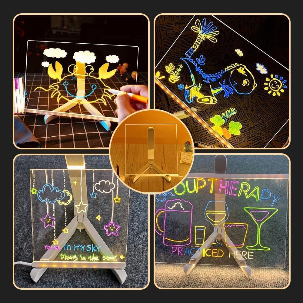 LED Drawing Board, Light Up Erasable Acrylic Message Board with Night Light, Neon Writing Tablet with Adjustable Stand & 12 Color Pens for Kids, Office, and Home Decor (5.9 * 5.9in)