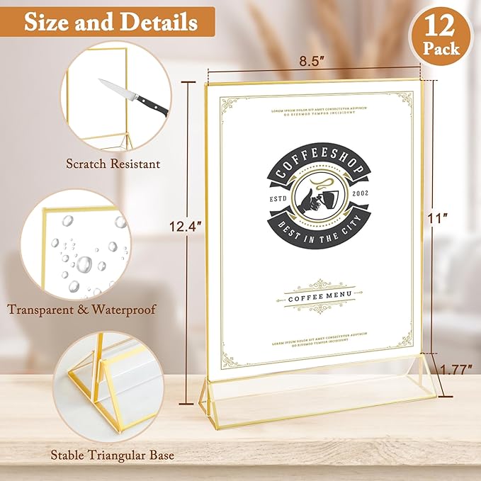 Floroom 12 Pack 8.5x11 Inch Clear Acrylic Sign Holders, Double-Sided Gold Display Stand Picture Frames for Table Numbers, Menus, Flyers, Weddings, and Offices