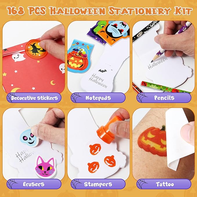 Halloween Party Favors for Kids,192pcs Halloween Stationery gift kit,Halloween Miniatures Prizes,Trick or Treat Goodie Bag Fillers including Notepad, Stamper, Sticker, Pencil, Eraser, Tattoo sticker