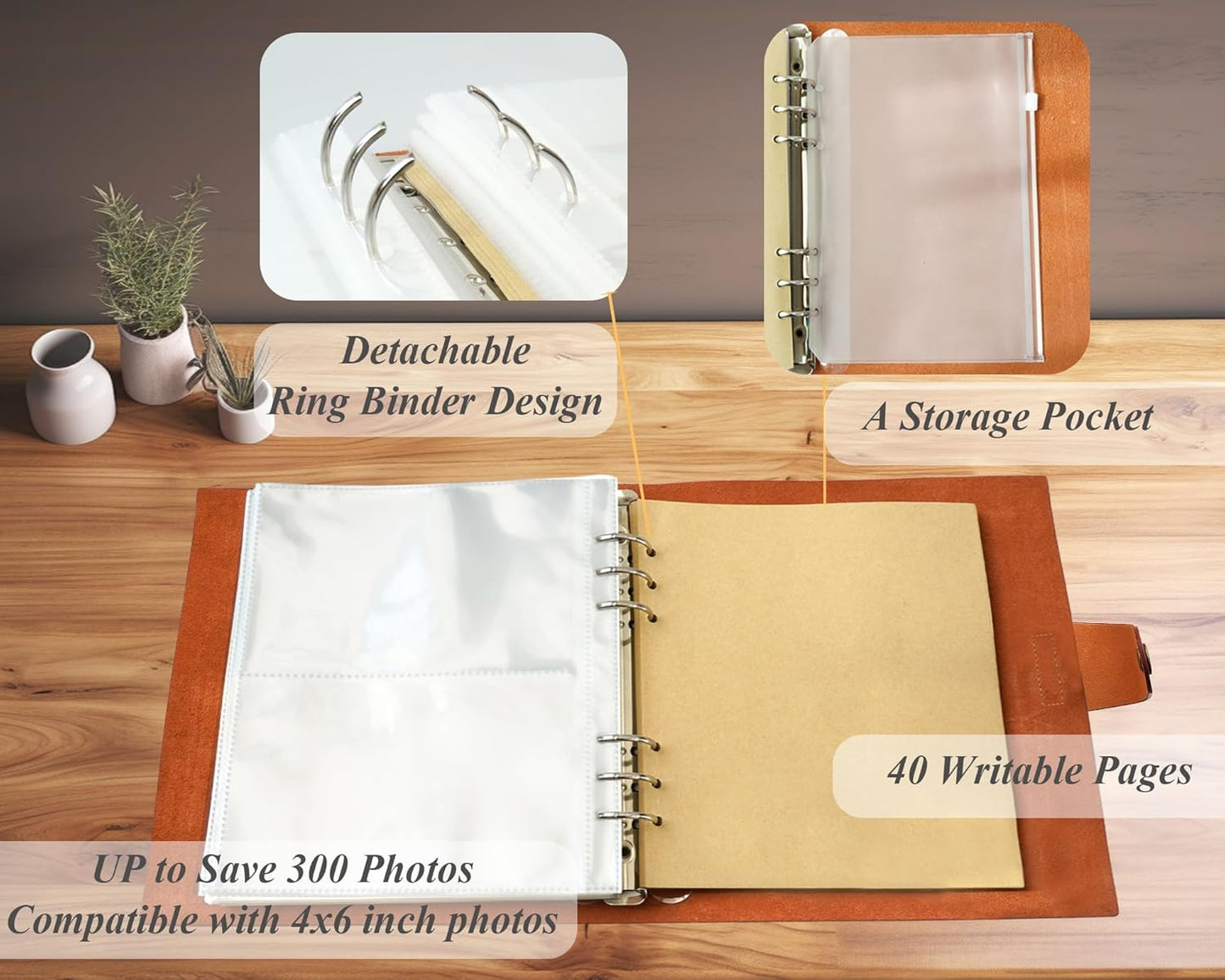 Genuine Leather Photo Album 4x6 for 300 Photos, with Writing Space of 40 Writing Paper, Binder Pocket, Travel Family Wedding Kids Graduation Ultrasound Baby Picture Album Scrapbook, Brown