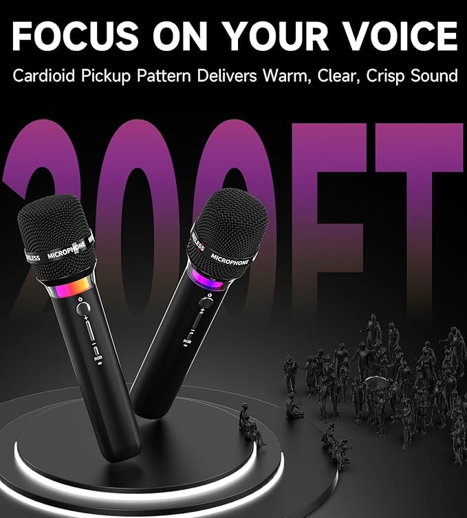 Wireless Microphone, Rechargeable Wireless Microphones with One-to-One Chip Connection and LED Lights, 40H Duration, 200FT Range Receiving, Less Latency Karaoke Microphone for Singing, Speech, Party