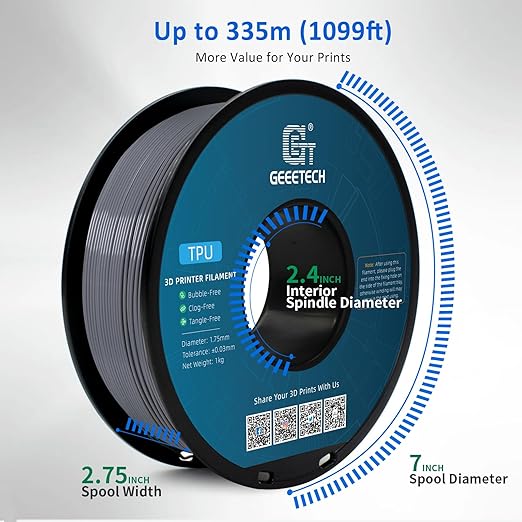 Geeetech TPU Filament 1.75mm, Shore 95A Flexible 3D Printer Filament with High Elasticity, 1KG (2.2lbs) Spool, Dimensional Accuracy ±0.03mm, Fits Most FDM Printers (Clear Silver)