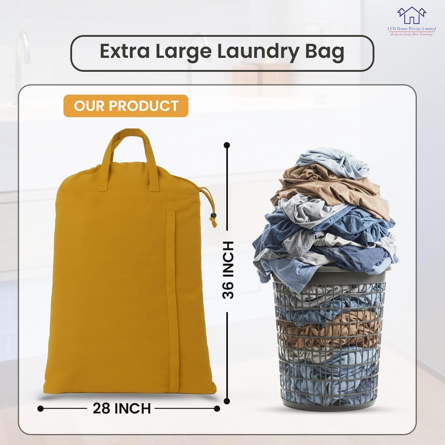LFH Home Cotton Canvas Large Laundry Bag with Handle, Heavy Duty Drawstring Closure Washable Laundry Bags, School Travel, Home, Hotel, College Dorm, Organizer Sack, Toys Clothes 28x36-Yellow
