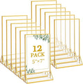 Floroom 12 Pack 5x7 Inch Clear Acrylic Sign Holders, Double-Sided Gold Display Stand Picture Frames for Table Numbers, Menus, Flyers, Weddings, and Offices