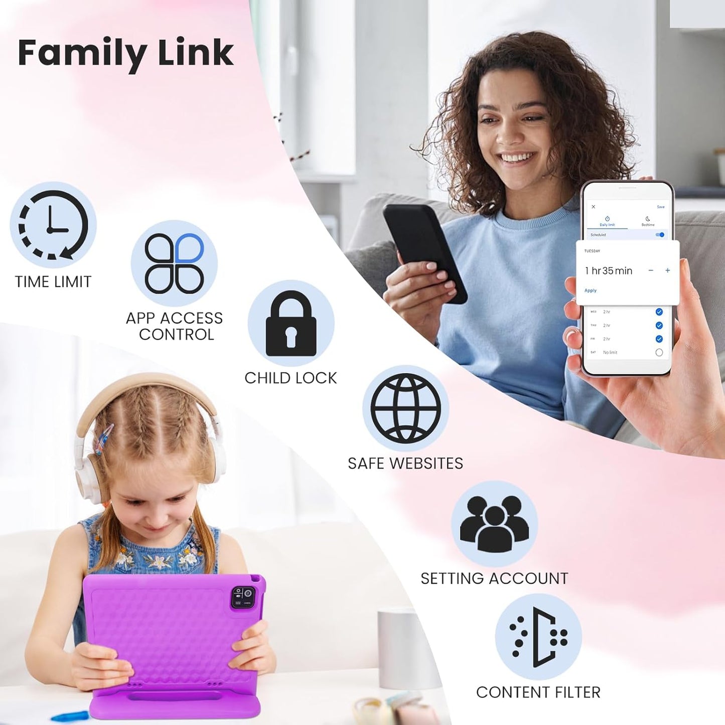 Kids Tablet 10.1 inch Android 14 Octa-Core 64GB 6000mAh Kids Space Parental Control 1280 * 800 HD Touchscreen Shockproof Case Dual Camera Gift for Toddler Children (Purple)