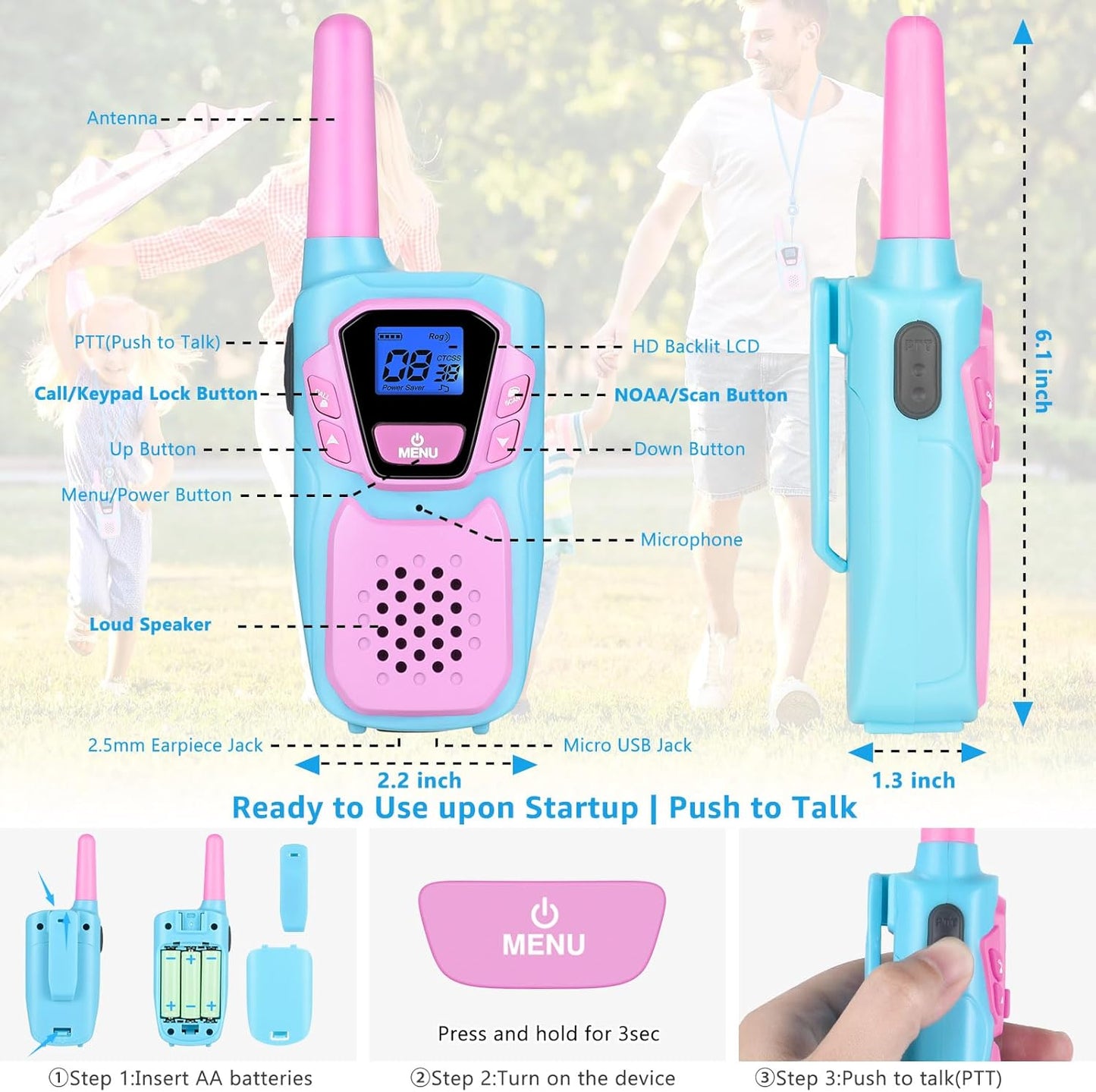 Walkie Talkies for Kids Long Range Rechargeable 4 Miles NOAA Walkie-Talkies for Adults Seniors Toddlers Boys Girls Teens 3 Pack, Family Pink 2 Way Radio Toy for Adventure Camping Skiing Cruise