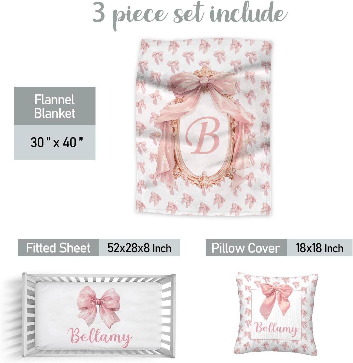 Personalized Baby Girl Crib Bedding Set – Custom Name Bow Pink 3-Piece Nursery Set with Soft Flannel Blanket, Fitted Sheet & Pillowcase – Infant & Toddler Bedding Gift