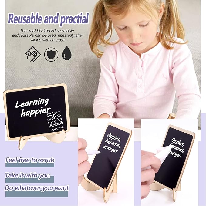 Swpeet 30Pcs Mini Chalkboards Signs with Liquid Chalk Markers and Easel Stand, Rectangle Notch Message Board Signs for Weddings Place Cards, Birthday Parties, Table Numbers and Event Decorations