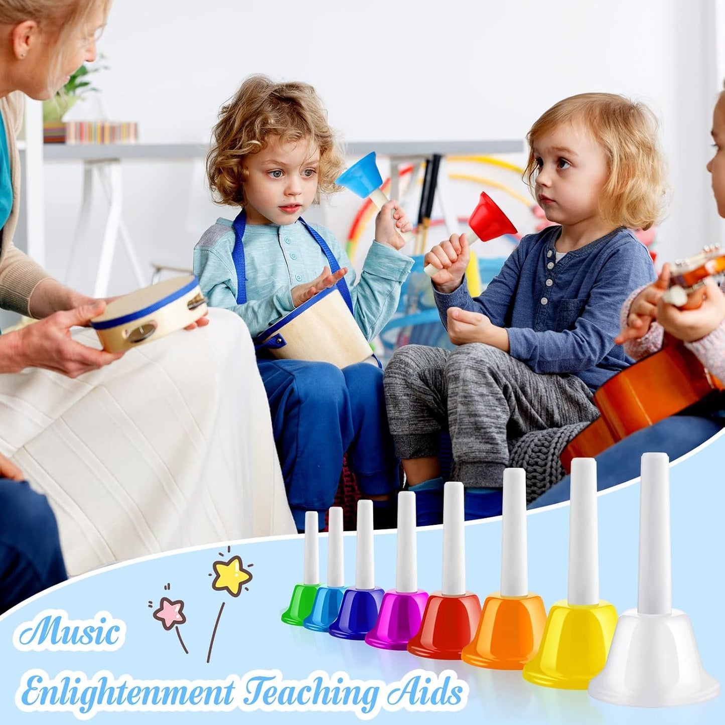 Fabbay 16 Pcs 8 Note Hand Bells Set Musical Handbells for Kids Colorful Diatonic Metal Bells Toy Percussion for Kids Toddlers Children Musical Teaching Church Chorus Wedding Family Birthday Party