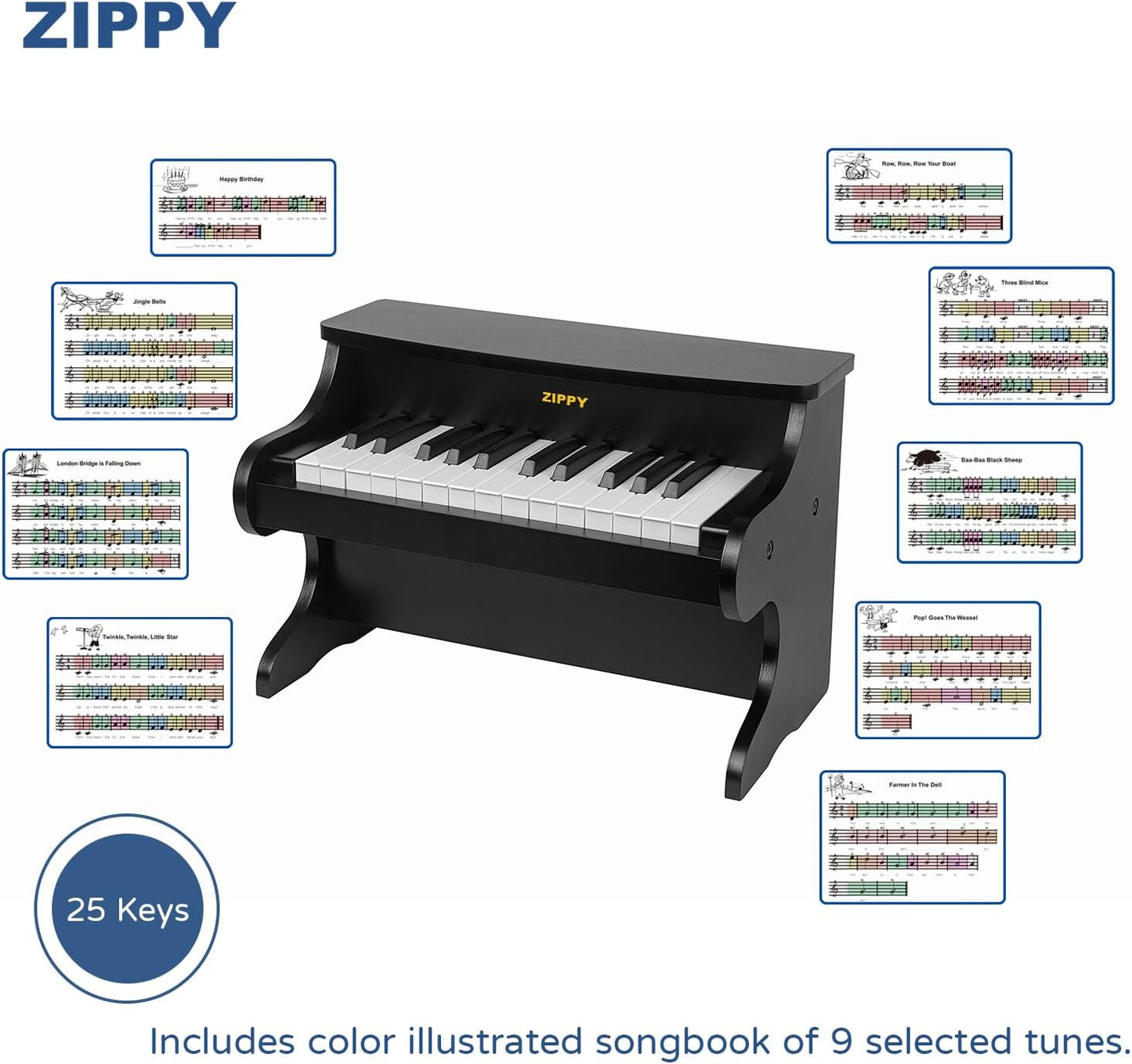ZIPPY Kids Piano Keyboard, 25 Keys Digital Piano for Kids, Mini Music Educational Instrument Toy, Wood Toy for Toddlers Girls Boys (Black)