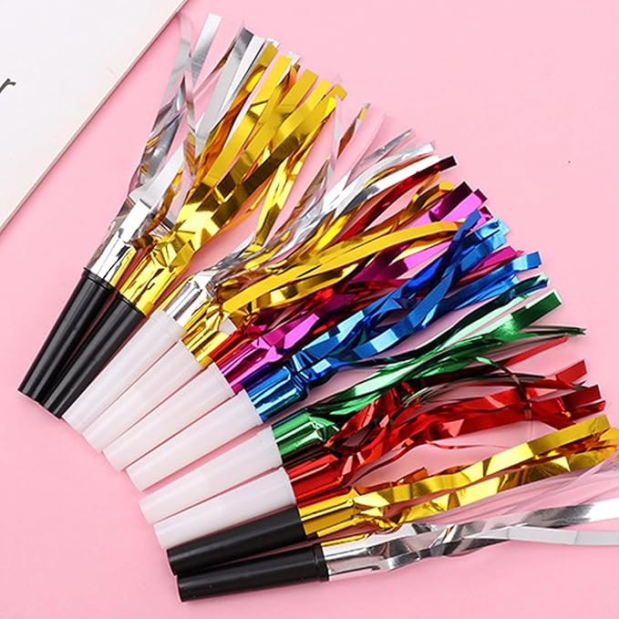 24 Pcs Glitter Noisemakers, Metal Tassel Music Birthday Blowers, Horn Whistles Party Favors Blow Out, Kids New Year's Eve Noisemakers (Color, Gold, Silver)