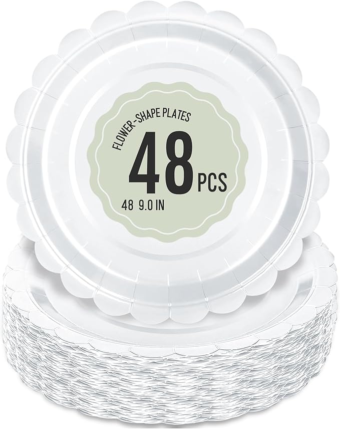48 Pcs White Paper Plates 9 Inch Scalloped Dessert Plates - Disposable Sage Green Cake Plate - Baby Shower Birthday Party Wedding Bridal Party Supplies