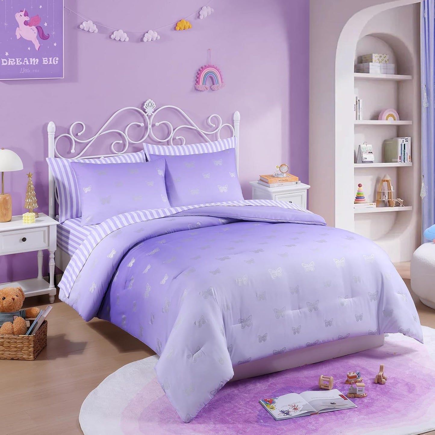 Queen Comforter Set with Sheets for Girls-7 Pieces Queen Bedding Sets with Purple Comforter, Sheets, Pillowcases & Shams for Kids (Purple Butterfly, 90" X 90")