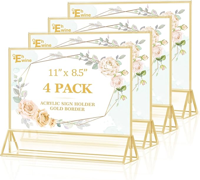 EHWINE 4 Pack Acrylic Sign Holder 8.5 x 11 Horizontal, Double-Sided Stand up Table Top Sign Holders, Gold Acrylic Picture Frame Menu Flyer Paper Holder Display Stand for Office Business Store Wedding Party