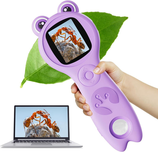 Microscope for Kids, 2 Inch Digital Microscope with 500X Magnifying Glass, 4× Zoom Handheld Camera Mini Pocket Magnification, Educational Science Toys for Ages 3+, Purple