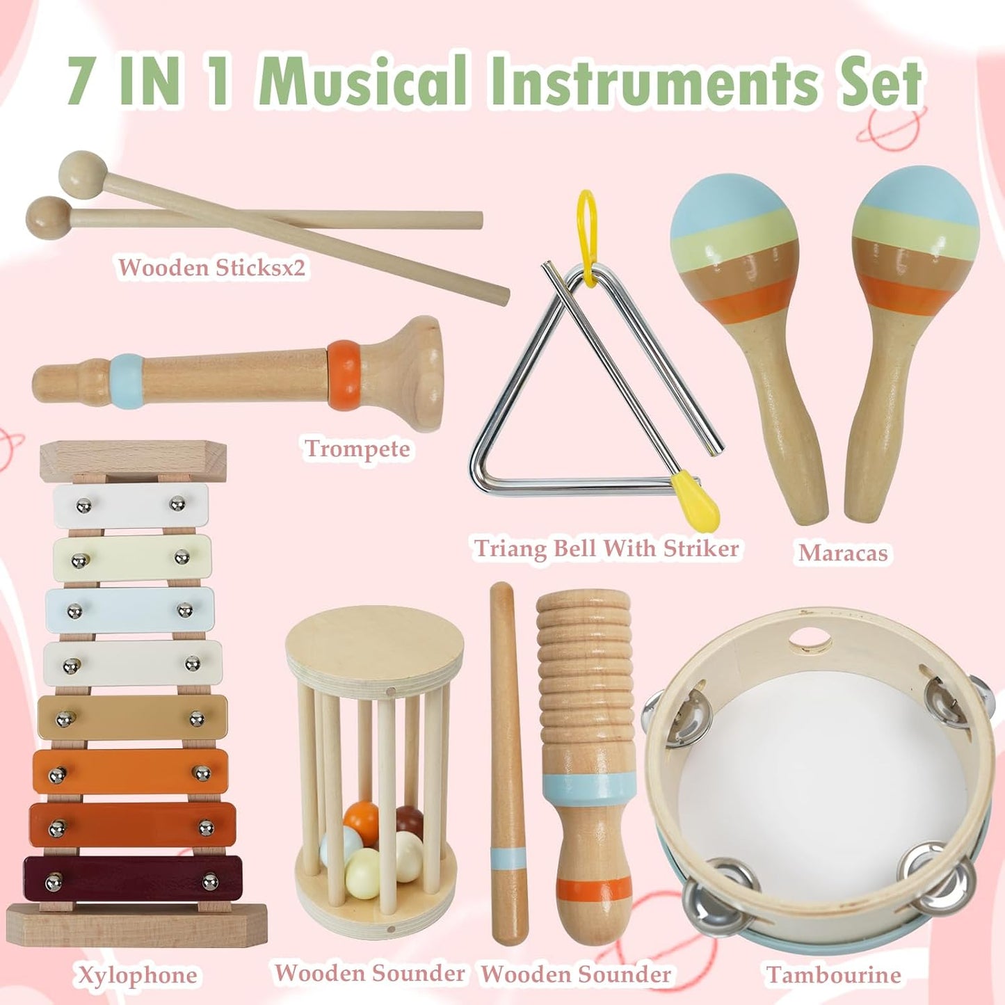 Toddler Musical Instruments,Kid Musical Instrument,Baby Musical Instruments, Musical Instruments for Toddlers1-3,Montessori Kid Musical Instruments,Wooden Musical Instruments ToysSet 7 in1,Gift