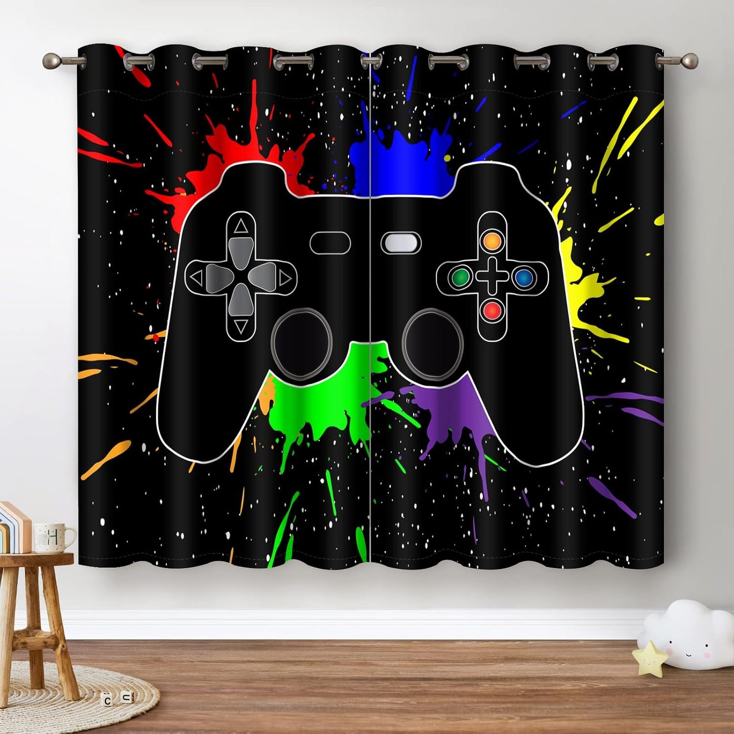 Jekeno Game Controller Blackout Curtains for Kids Boys Teens Bedroom Colorful Video Game Gamer Gaming Gamepad Decor for Home Living Room Grommet Window Drapes 2 Panel Set, 42"x84"