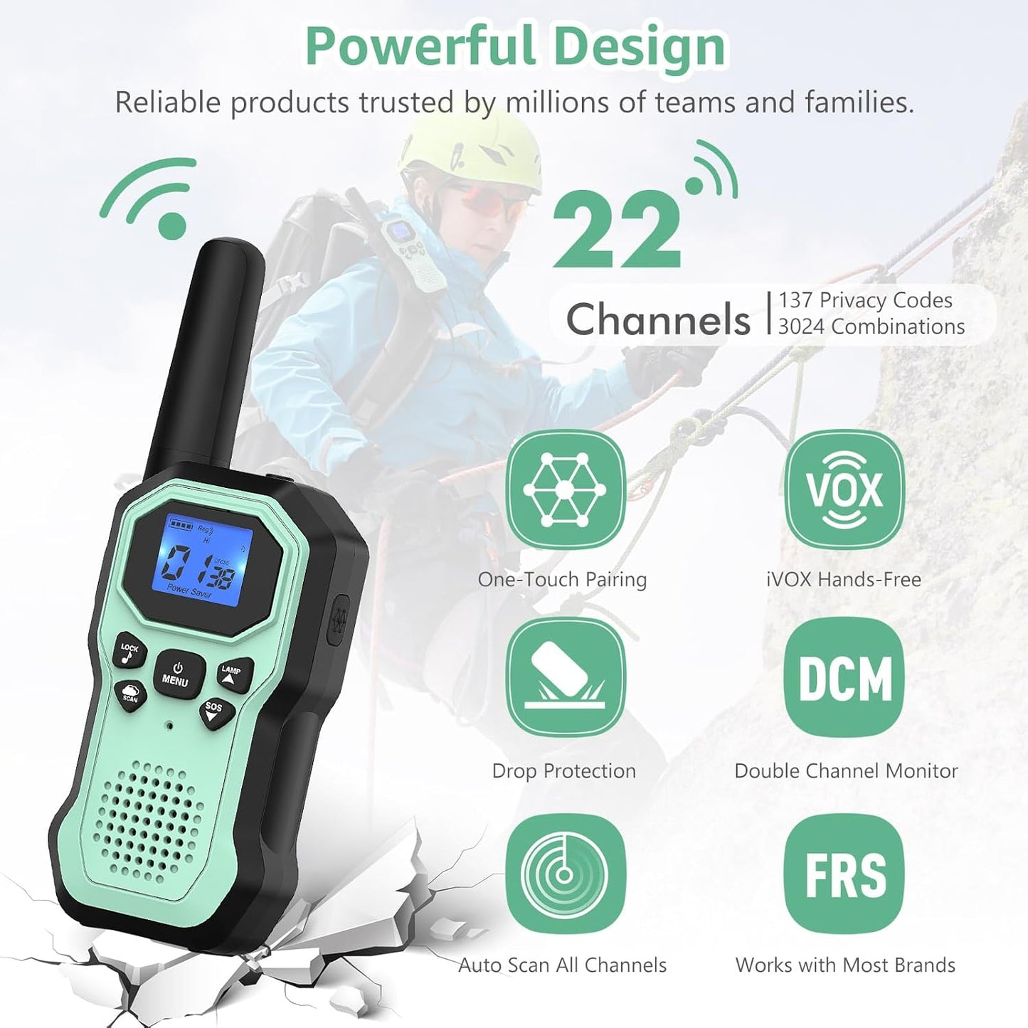 Walkie Talkies for Adults Long Range 2 Way Radios for Kids Rechargeable 4 Pack, Hiking Camping Skiing Cruising Gear with Lamp, USB-C, SOS Siren, NOAA Alert, iVOX Hands-Free, One-Touch Pairing