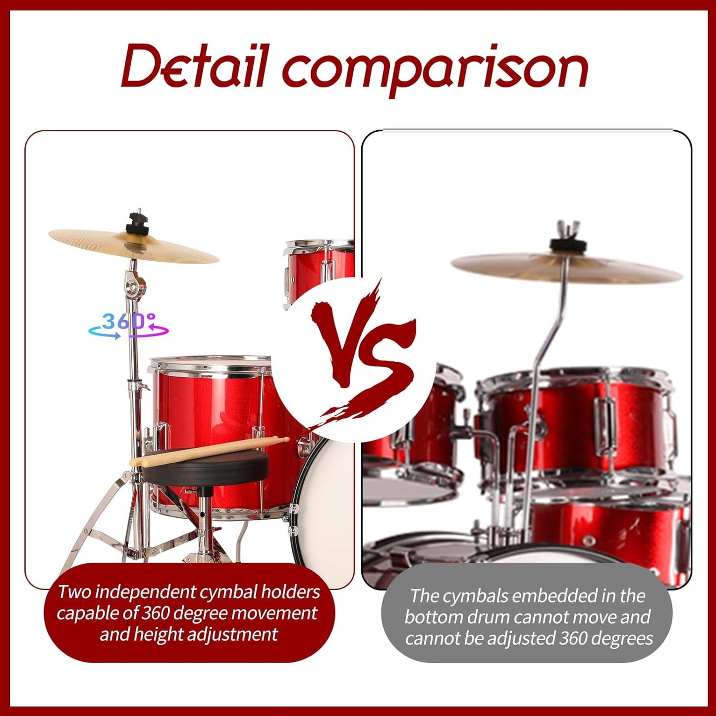 Kids 5-Piece Complete Junior Drum Set with Genuine Brass Cymbals with 16" Bass Drum, Tom-Tom, Snare, Cymbals, Hi-Tone Drum, Drum Sticks, Base Pedal and Adjustable Throne, Beginner Set Red