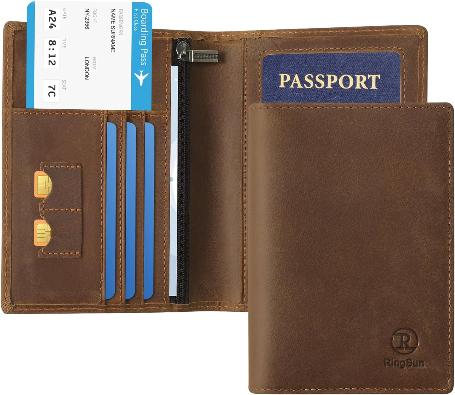 Ringsun Leather Passport Cover for Men Women, RFID Passport Wallet Case Travel Passport Holder for Family