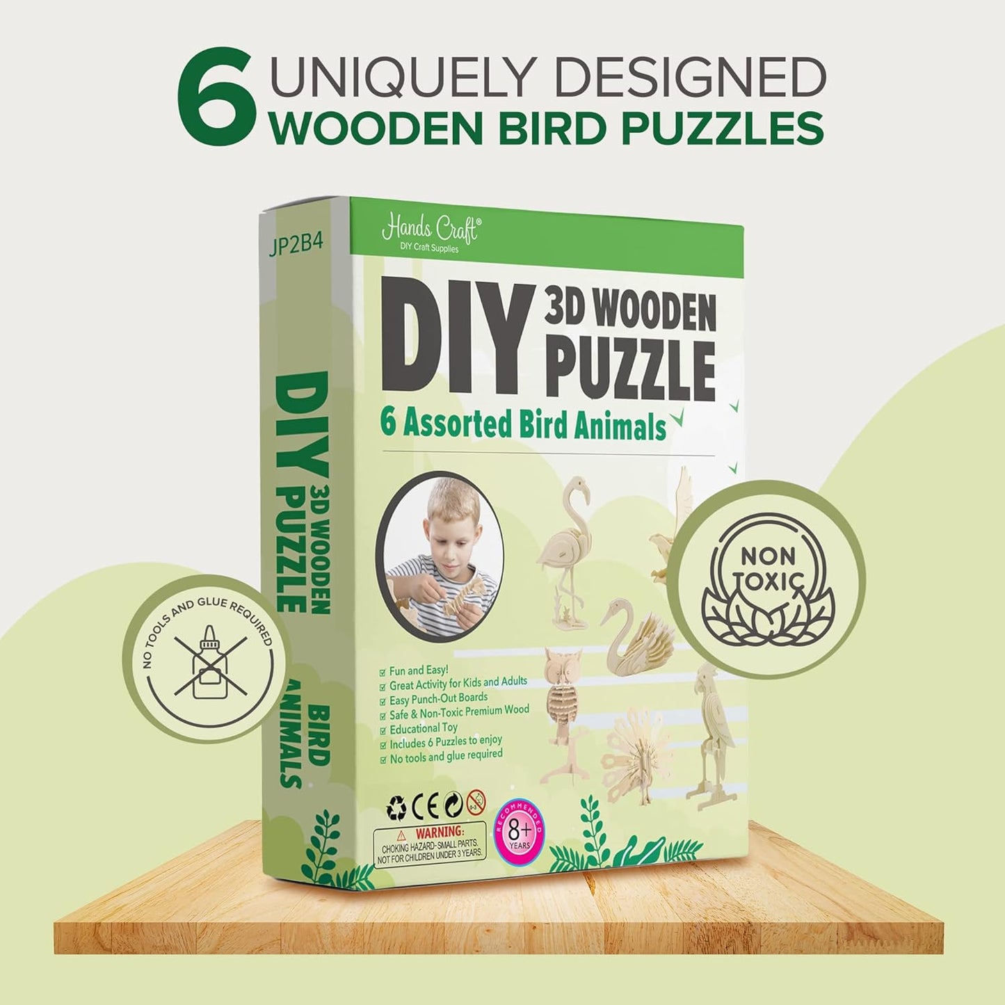 Hands Craft DIY 3D Wooden Puzzle – 6 Assorted Bird Animals Bundle Pack Set Brain Teaser Puzzles Educational STEM Toy Adults and Kids to Build Safe and Non-Toxic Easy Punch Out Premium Wood JP2B4