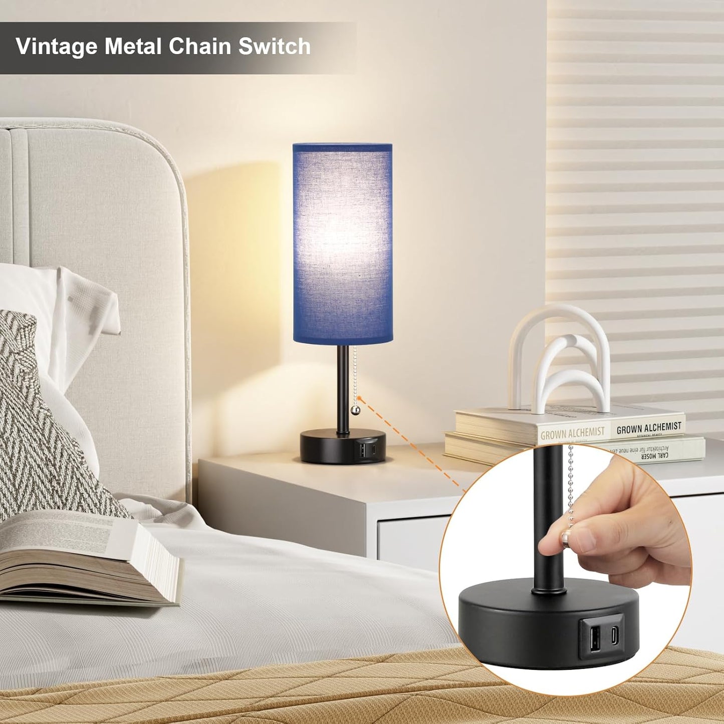 Blue Table Bedside Lamp for Bedroom Nightstand - Small Lamp with USB A + C Charging Port, 3 Color Temperatures Pull Chain Night Stand Light with Bulb, Side Table Desk Reading Lamp for Living Room