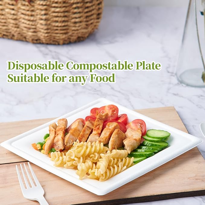 ECOLipak 150 Piecs Compostable Square Plates, 6 inch Eco-friendly Heavy Duty Biodegradable Sugarcane Disposable Paper Plates for Party Dinner Birthday