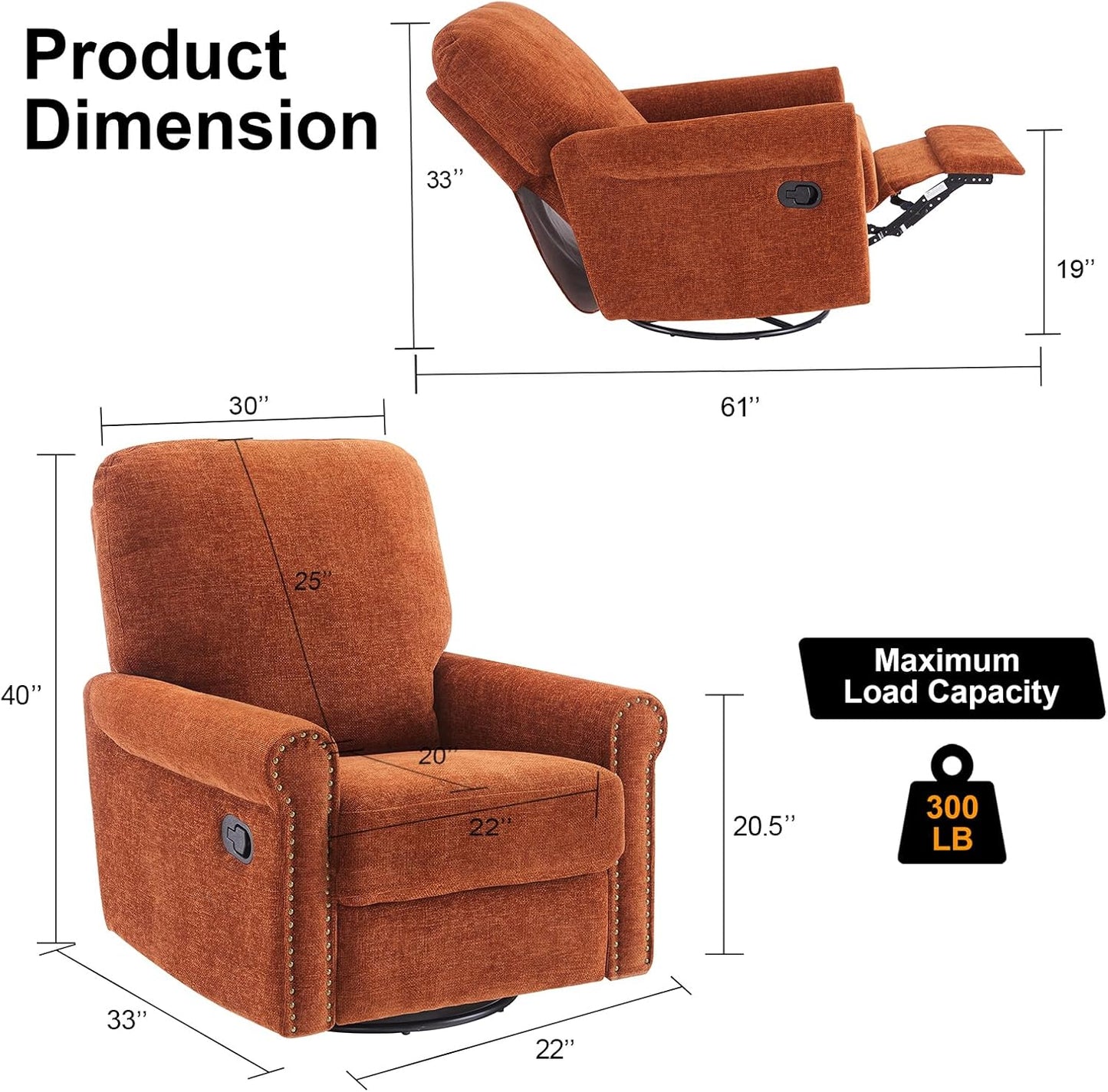 Recliner Chair, 360 Swivel Rocker Chair for Adults Nursery Rocking Chairs Glider Chairs for Living Room, Bedroom, Apartment