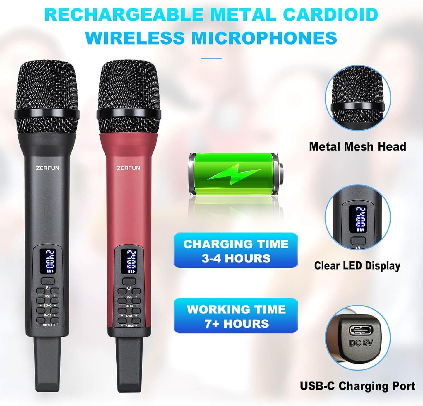 Rechargeable Wireless Microphones Dual, Pro Handheld Cordless Mics System Dynamic with Echo Treble BASS VOL Control for Karaoke Singing Church Party, 1/4'' Output, D240, Grey&Red