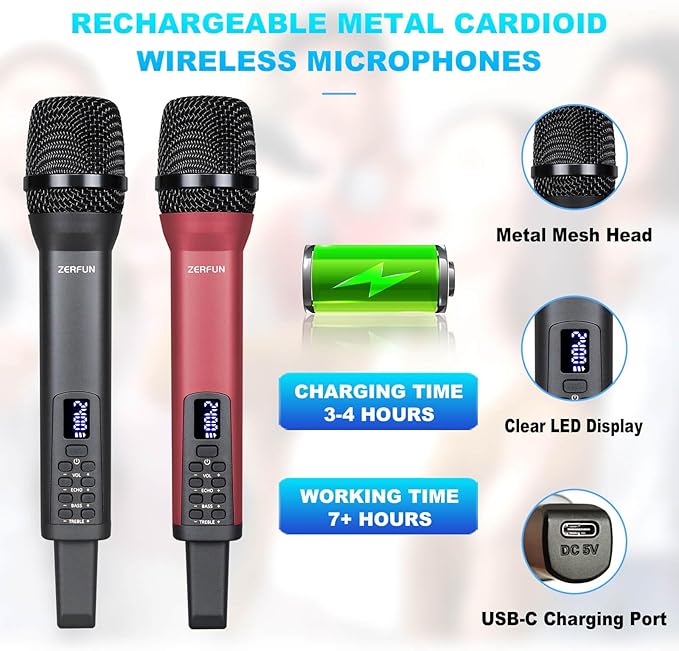 Rechargeable Wireless Microphones Dual, Pro Handheld Cordless Mics System Dynamic with Echo Treble BASS VOL Control for Karaoke Singing Church Party, 1/4'' Output, D240, Grey&Red