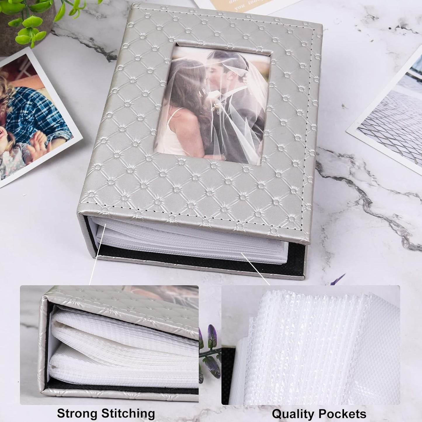 RECUTMS Photo Album 4x6 100 Pockets Photos, Button Grain PU Leather Photo Books Small Picture Album for Baby Family Wedding Christmas Photo Albums Holds 100 Vertical Photos （Grey）