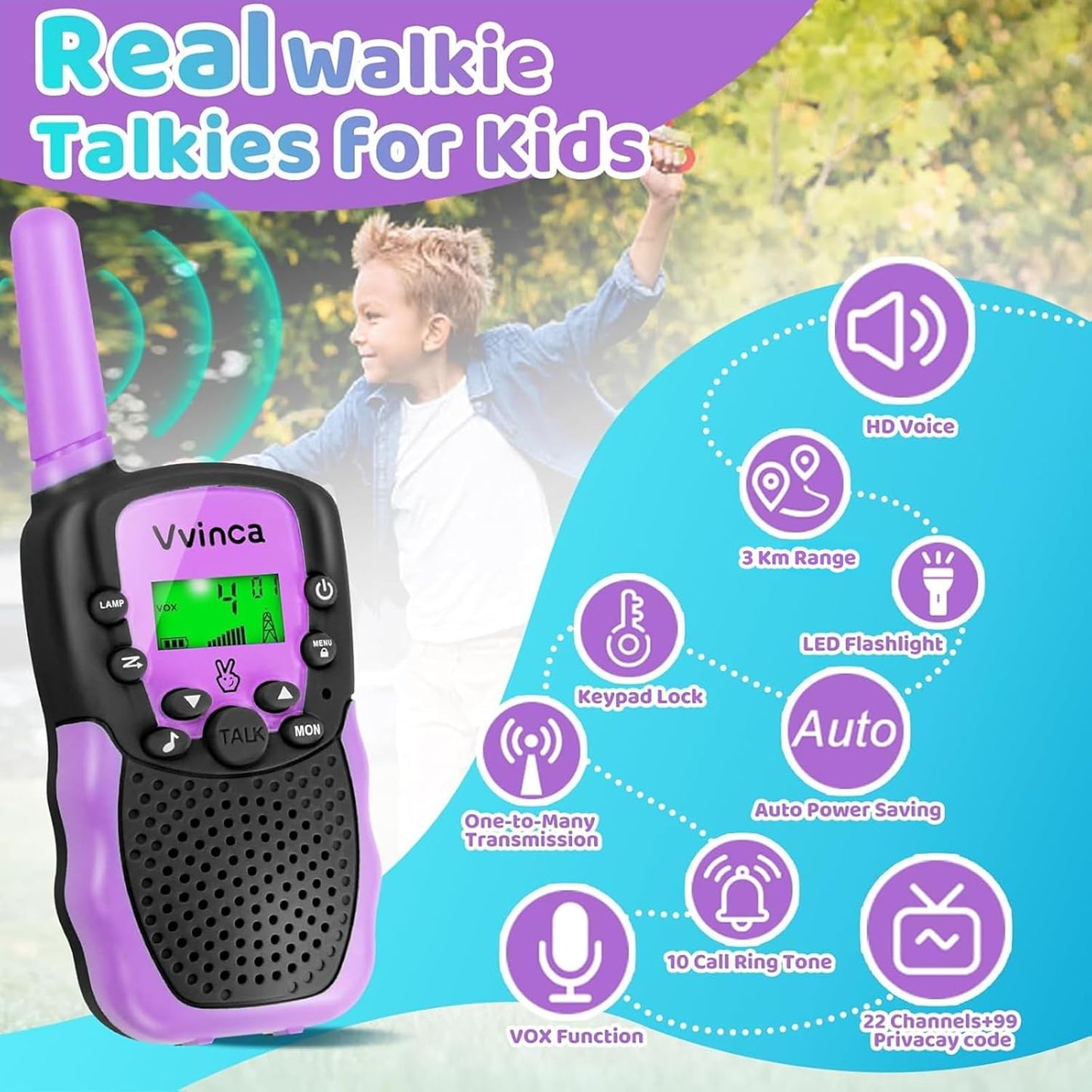 Vvinca Walkie Talkies for Kids, Rechargeable Walkie Talkie 2 Pack Toy Gift for 3-12 Year Old Girl Boy with 22 Channel 2 Way Radio Flashlight 3 Mile Long Range for Adventure Game Camping Outdoor