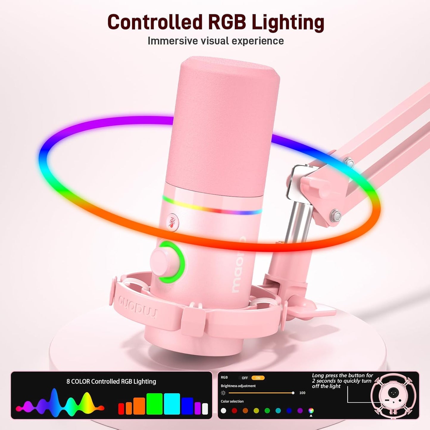 MAONO XLR/USB Dynamic Microphone Kit, RGB Gaming Mic with Software, Mute, Gain Knob, Volume Control, Boom Arm for Streaming, Podcasting, Voice-Over, Recording-PD200XS Pink