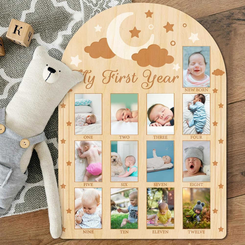ORIGACH My First Year Baby Growth Photo Display Wood Board - 12 Months Newborn Milestones Photo Board - Neutral Baby Keepsake Frame 1st Birthday Party Nursery Decor New Mom Gift - Moon Star & Cloud