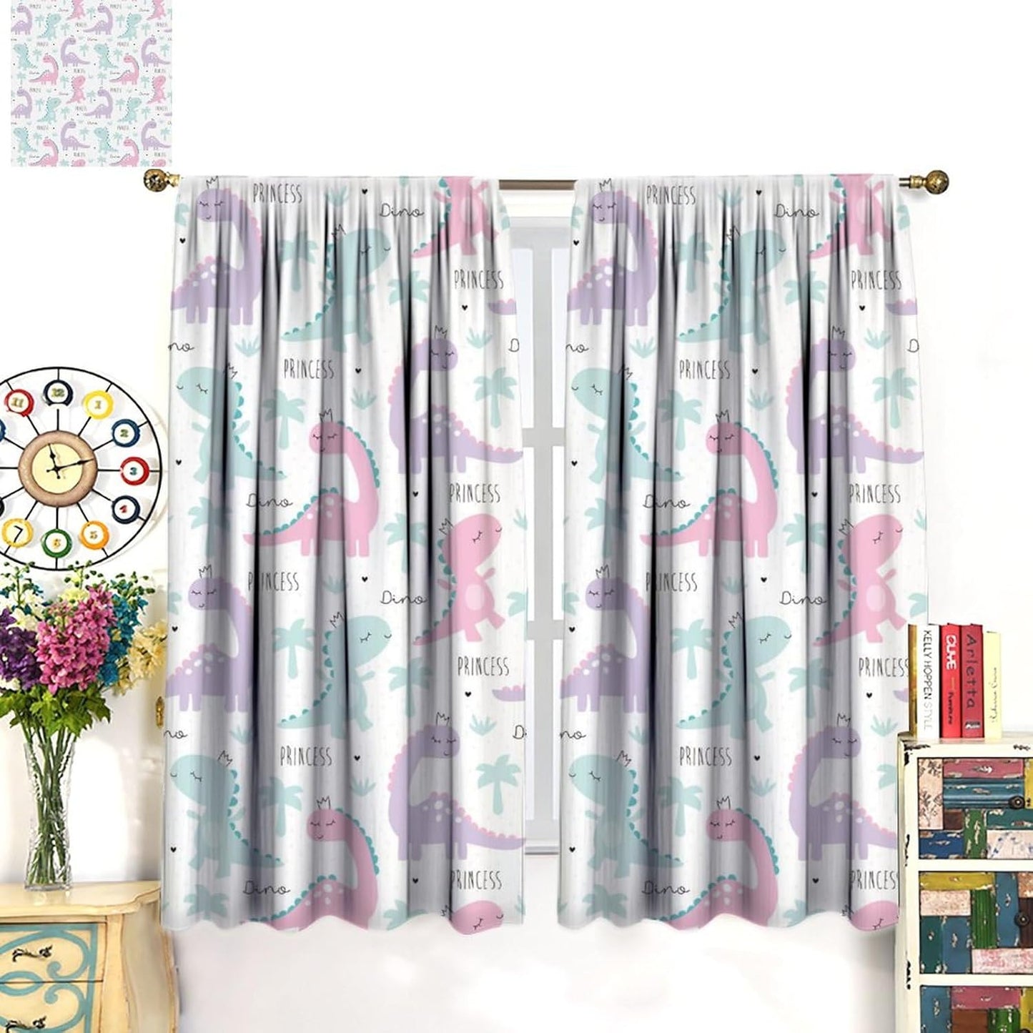 Kids Dinosaur Curtains for Boys Girls Bedroom Decor Cartoon Dino Colorful Cute Funny Animal Wildlife Printed Blackout Rod Pocket Window Drapes for Baby Nursery Playroom W21xL63in 2 Panels