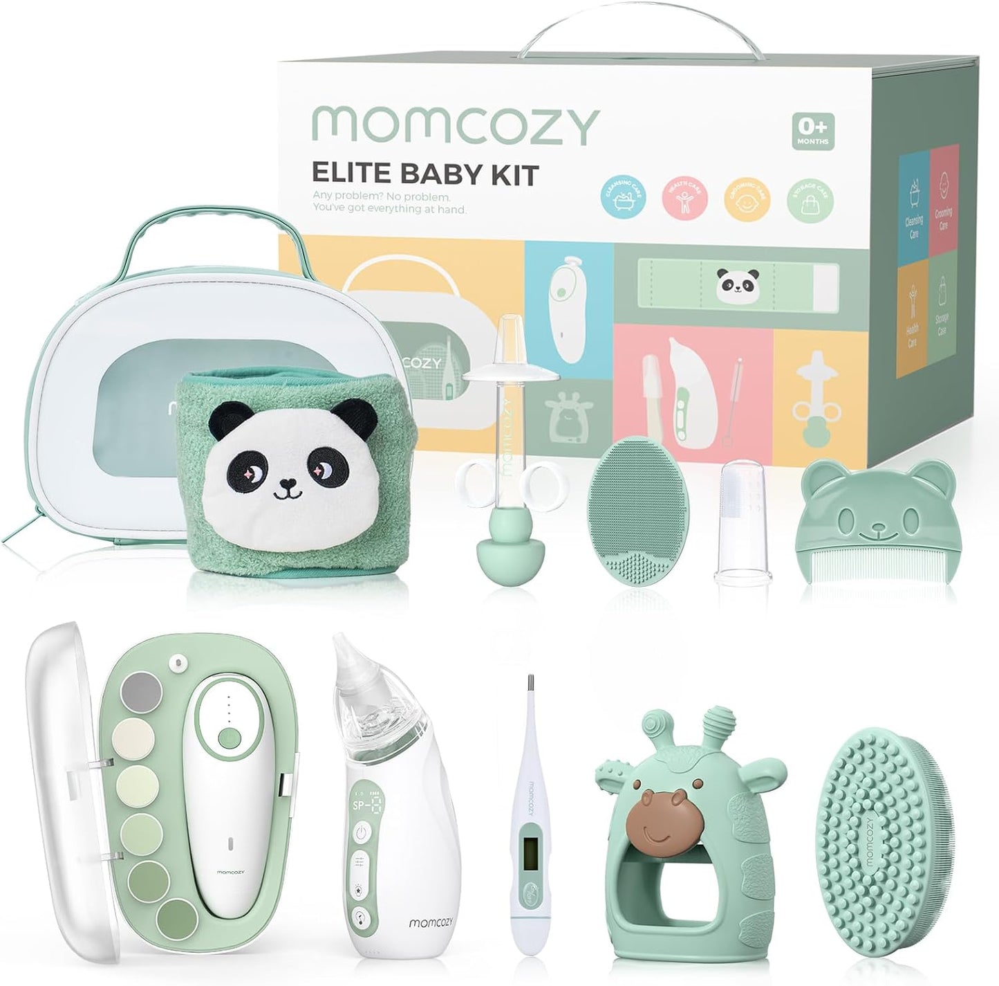 Momcozy Elite Baby Kit, Superior Baby Shower & Registry Essential Kit for Grooming & Health & Cleansing Care, Electric Nail File & Nasal Aspirator,Tummy Wrap,Thermometer,Bath Brush,Teether,Storage Bag